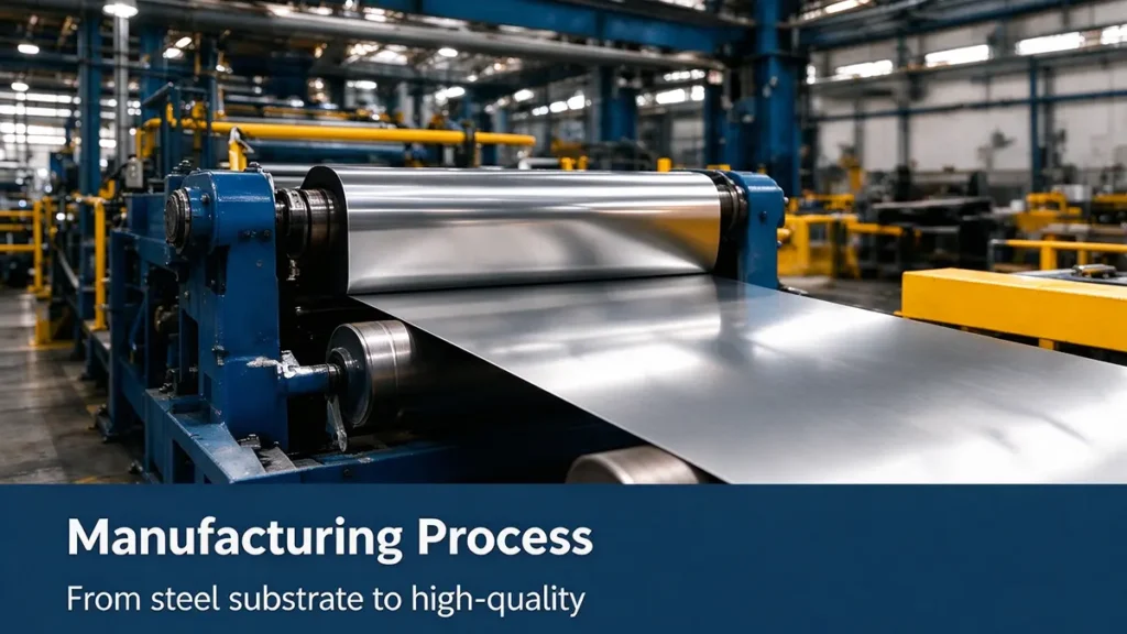 Industrial steel strip processing line used in tinplate coil manufacturing and surface coating.