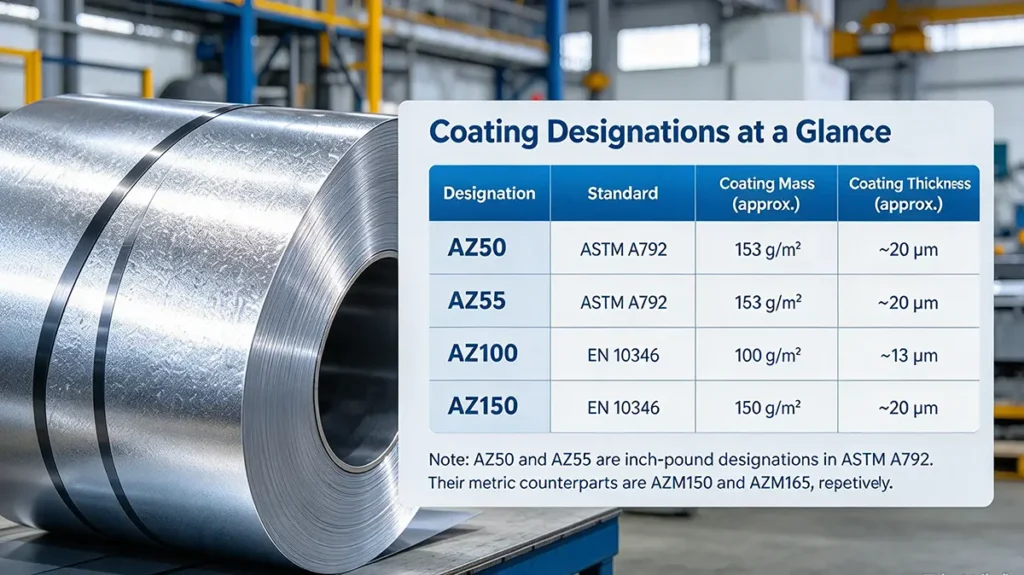 Galvalume steel AZ coating designations under ASTM and EN standards