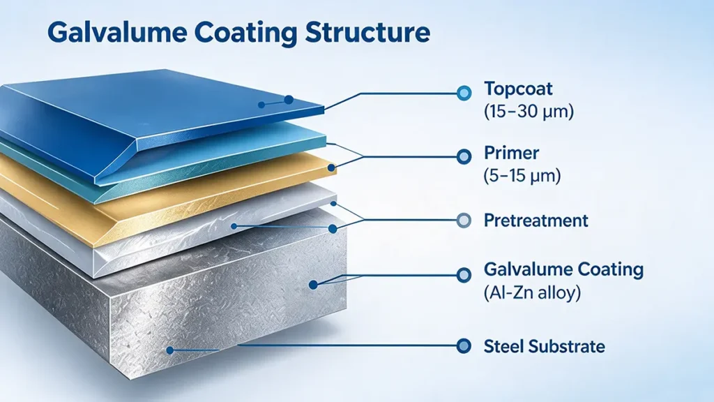 Galvalume steel coating structure with aluminum-zinc alloy coating and steel substrate