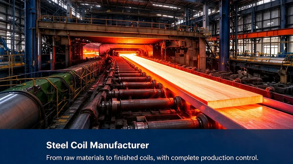 Steel coil manufacturing process in an industrial hot rolling mill.