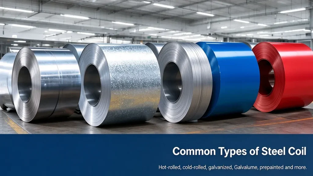 Different types of steel coils, including hot-rolled, cold-rolled, galvanized, Galvalume, and prepainted steel coil.